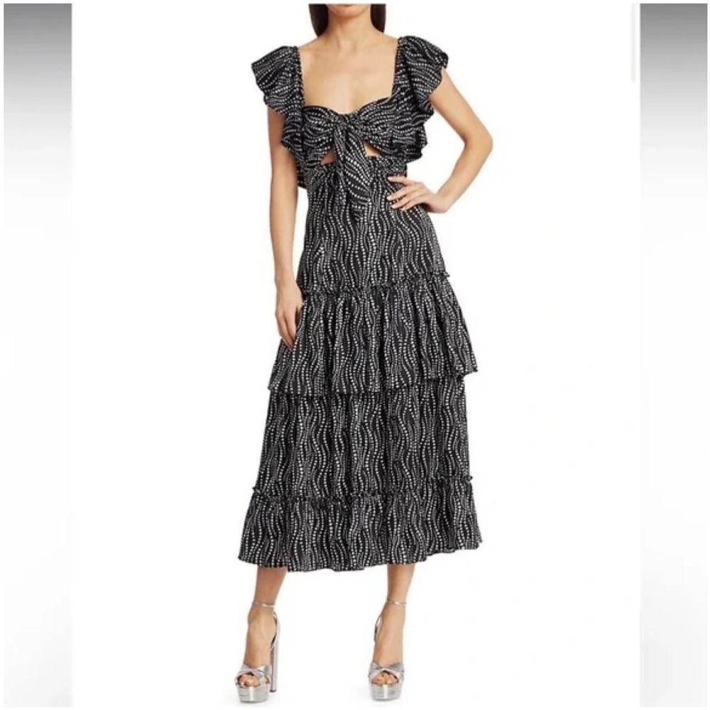 Cinq á Sept Valerie Flutter Sleeve Tiered Midi Dress V-NecklineTie Front NWT 6